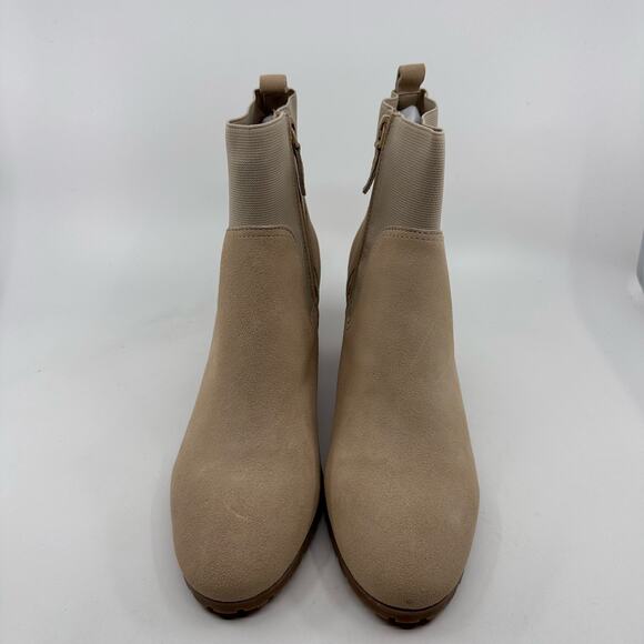 Violet & Red Loaded Knit Cuff Bootie Block Heel Faux Suede Tan Womens Size US 10 - Picture 6 of 9